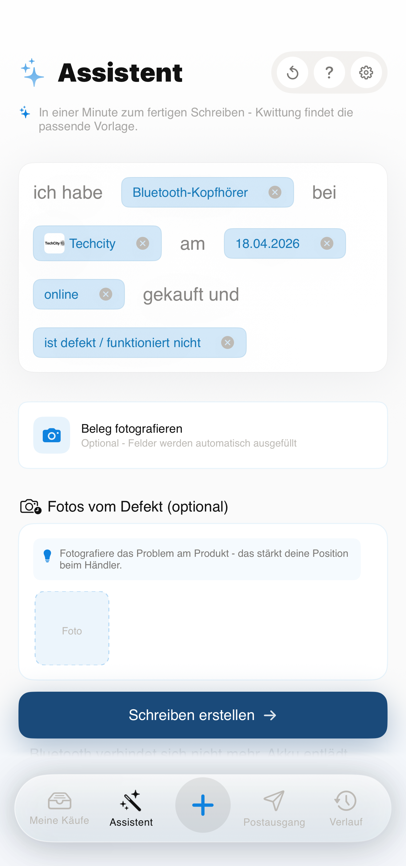 Sofort-Assistent mit Lückentext: Ich habe [Artikel] bei [Händler] am [Datum] gekauft und [Problem?]