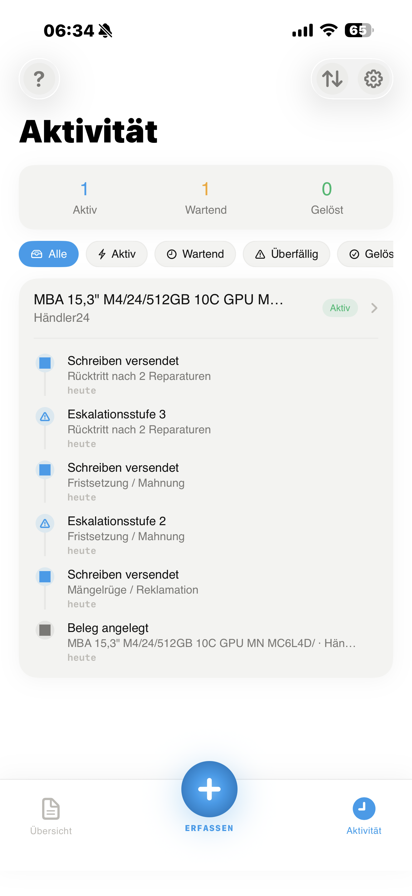 Kwittung Aktivität - Verlauf und Eskalationsstufen