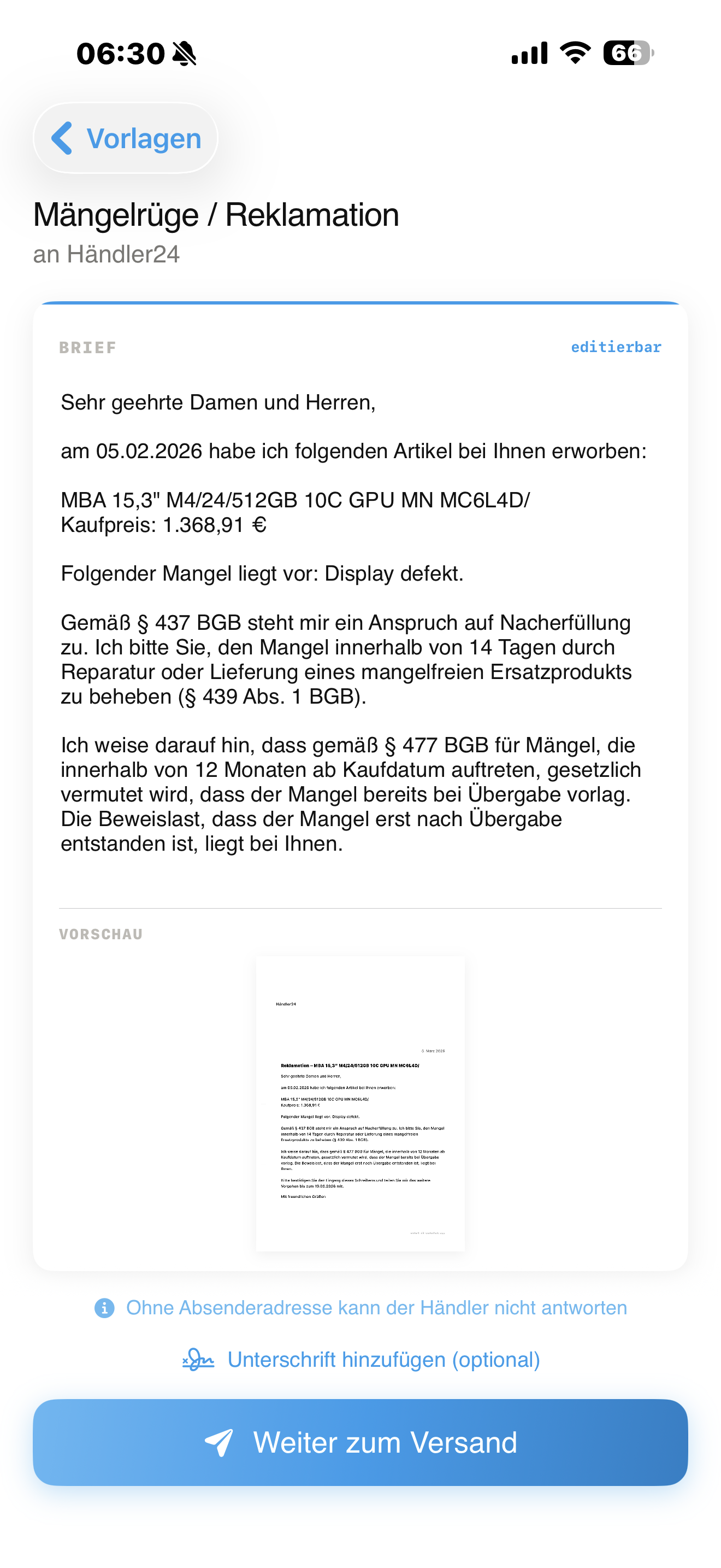 Kwittung generierter Brief - Mängelrüge mit allen Details