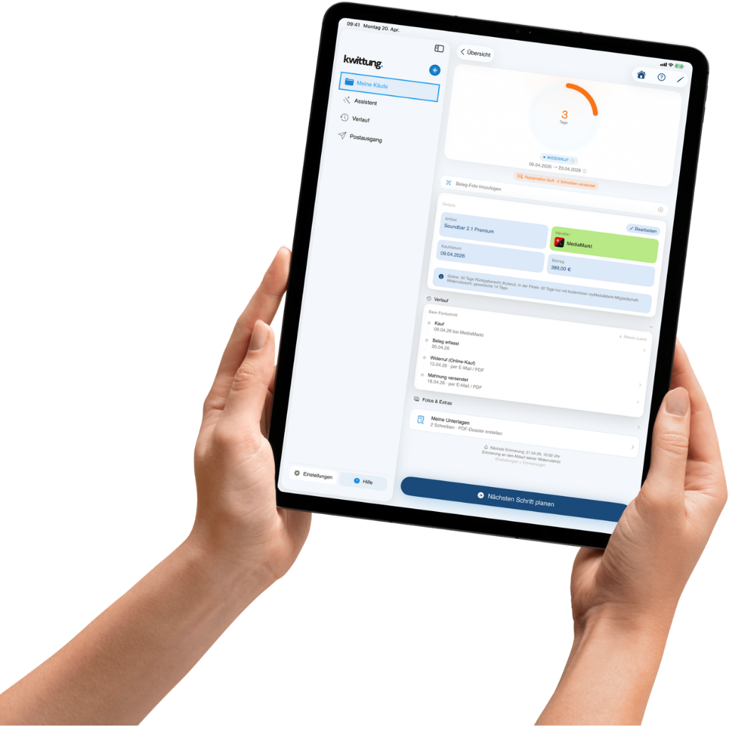 Kwittung auf dem iPad - Detailansicht mit Fall-Übersicht