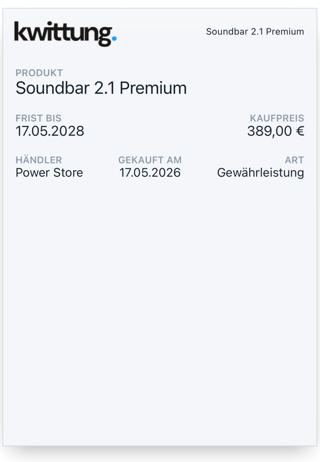 kwittung. Kauf-Karte in Apple Wallet - Soundbar 2.1 Premium mit Frist, Kaufpreis und Händler auf einen Blick