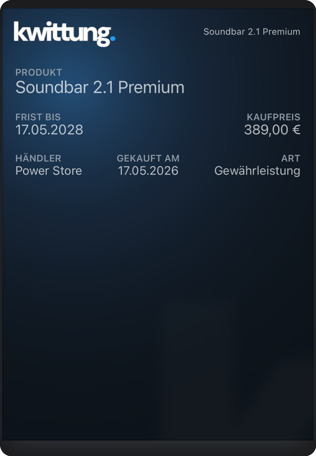 kwittung. Kauf-Karte in Apple Wallet - Soundbar 2.1 Premium mit Frist, Kaufpreis und Händler auf einen Blick