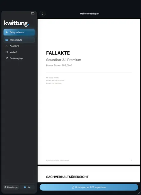 Kwittung Screenshot: Fallakte auf dem iPad (iPad, Dark Mode)