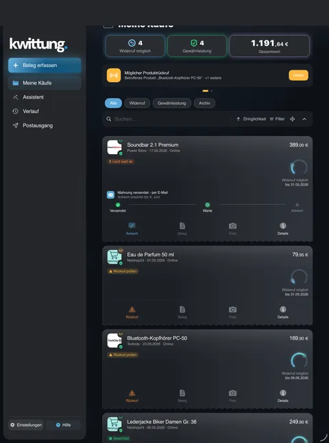 Kwittung Screenshot: Dashboard auf dem iPad (iPad, Dark Mode)