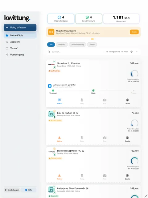 Kwittung Screenshot: Dashboard auf dem iPad (iPad)