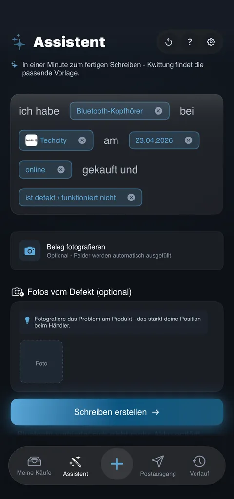 Kwittung Screenshot: Sofort-Assistent (iPhone, Dark Mode)