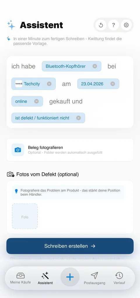 Kwittung Screenshot: Sofort-Assistent (iPhone)