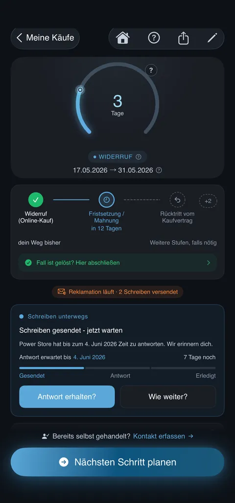 Kwittung Screenshot: Kauf-Detail mit Fristen-Verlauf (iPhone, Dark Mode)