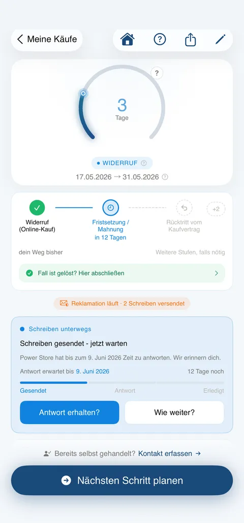 Kwittung Screenshot: Kauf-Detail mit Fristen-Verlauf (iPhone)