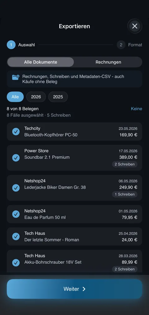 Kwittung Screenshot: Export-Wizard (iPhone, Dark Mode)