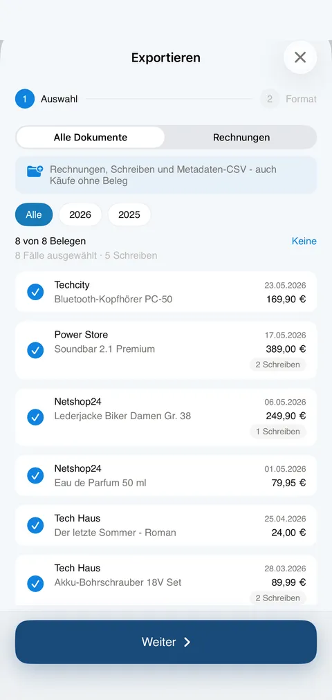 Kwittung Screenshot: Export-Wizard (iPhone)