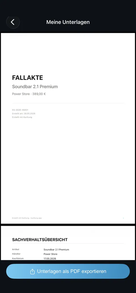 Kwittung Screenshot: Fallakte (iPhone, Dark Mode)