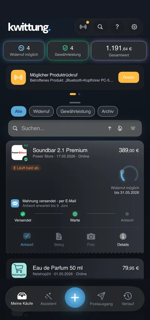 Kwittung Screenshot: Dashboard - alle Käufe & Fristen (iPhone, Dark Mode)