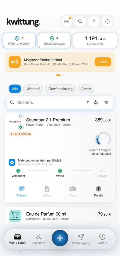 Kwittung Screenshot: Dashboard - alle Käufe & Fristen (iPhone)