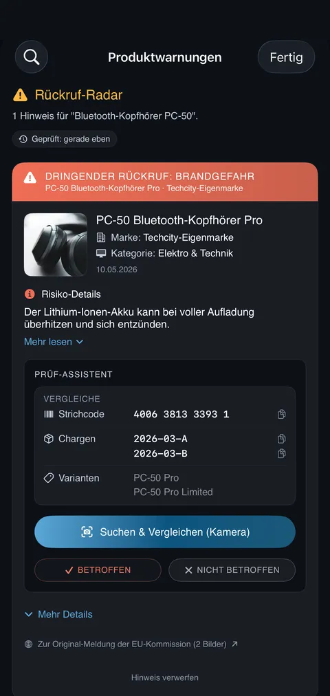 Kwittung Screenshot: Rückruf-Radar (iPhone, Dark Mode)
