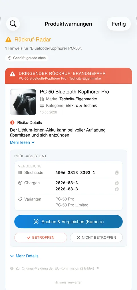 Kwittung Screenshot: Rückruf-Radar (iPhone)