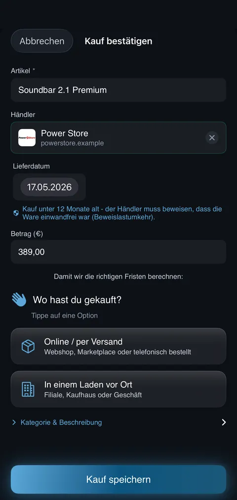 Kwittung Screenshot: Beleg-Scan mit automatischer Erkennung (iPhone, Dark Mode)